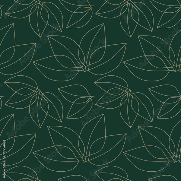 Obraz seamless pattern with leaves in gold on dark green background, abstract natural leaf design, abstract graphic ornament, ideal for fashion, textiles and paper design, summer spring print