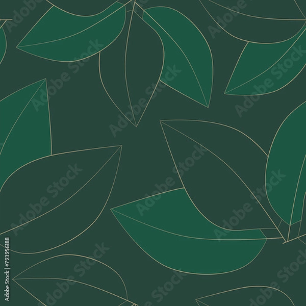 Obraz seamless pattern with leaves in gold on dark green background, abstract natural leaf design, abstract graphic ornament, ideal for fashion, textiles and paper design, summer spring print