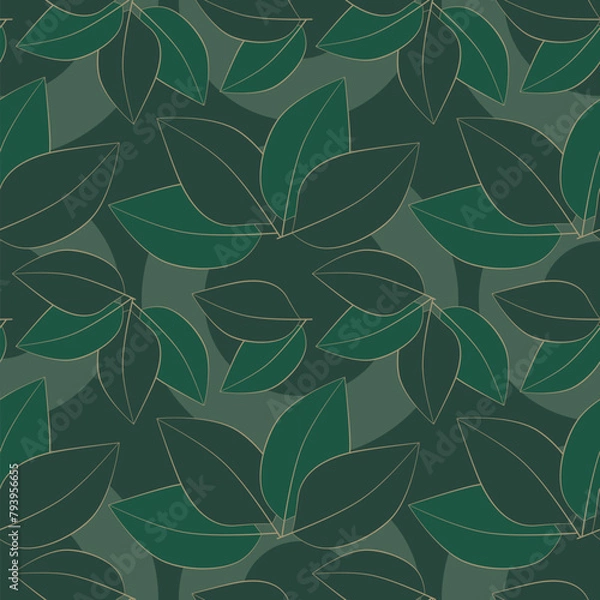 Fototapeta seamless pattern with leaves in gold on dark green background, abstract natural leaf design, abstract graphic ornament, ideal for fashion, textiles and paper design, summer spring print