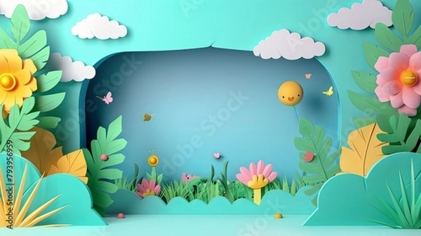 Fototapeta paper cut out flowers and clouds background