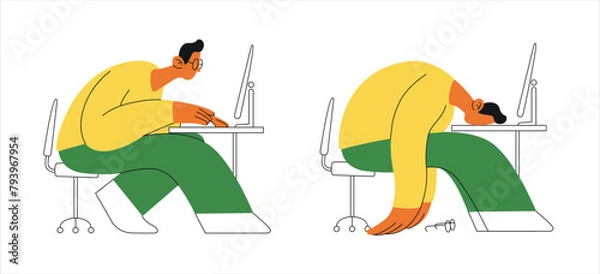 Fototapeta A man focused at computer, then exhaustedly lying face down on desk. Depicts work stress and fatigue. Concept of burnout, overwork.