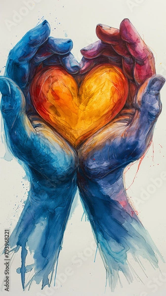 Fototapeta Colorful painting of 2 hands, hands coming together to form a heart. 