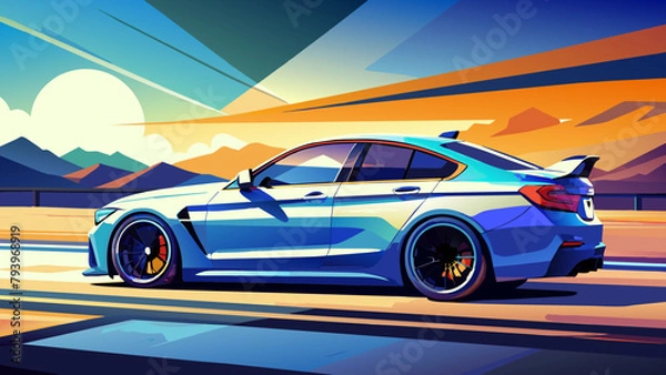 Fototapeta A sports car on the road.The road into the distance. The car rushes along a picturesque road.Let's go! An illustration of a car ready for new discoveries in the vast expanses. bmw m4