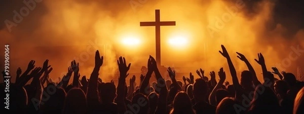 Obraz Happy Easter concept. Christian worship with raised hand in front of the cross background.