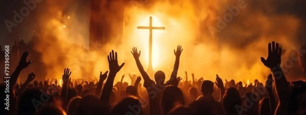 Fototapeta Happy Easter concept. Christian worship with raised hand in front of the cross background.