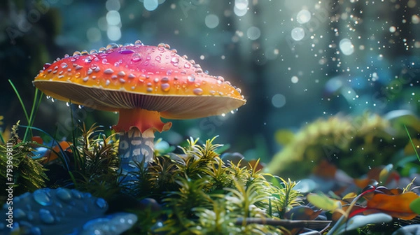 Fototapeta Close-up of a colorful pixie mushroom in a lush, fairy-tale garden, tiny dewdrops adding a sparkle, ideal for a fantasy-themed illustration.