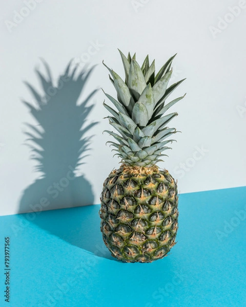 Fototapeta Creative composition with pineapple on blue background. Creative minimal summer concept.