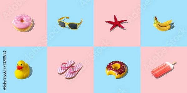Fototapeta Creative colorful background with different summer things. Minimal summer concept.