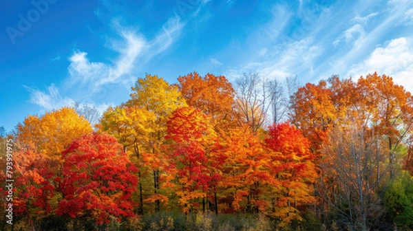 Fototapeta Warm light of autumn forest with trees in a spectrum of red, orange and yellow foliage against a bright blue sky
