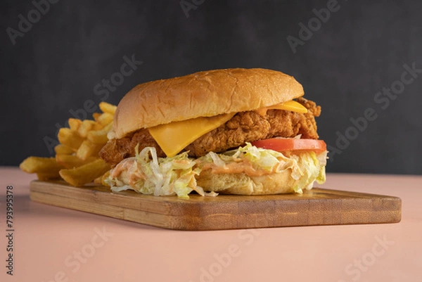 Fototapeta Classic Crispy chicken burger served with lettuce tomato cheese and  sauce