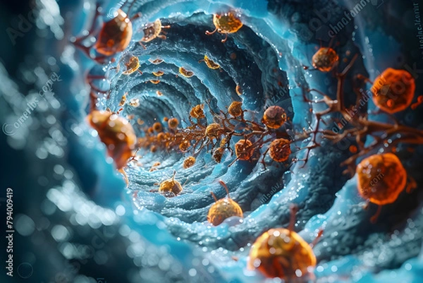 Fototapeta Intricate Visualization of Microscopic Bile Duct Transport Dynamics in Vivid Abstract Style