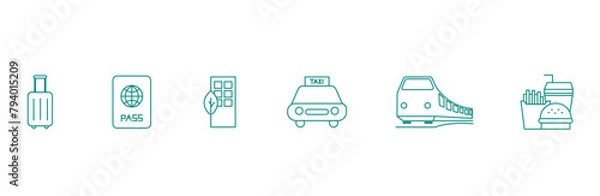 Fototapeta Traveler's Toolkit: Suitcase, Passport, Hotel, Car, Train, Food Vector Icons