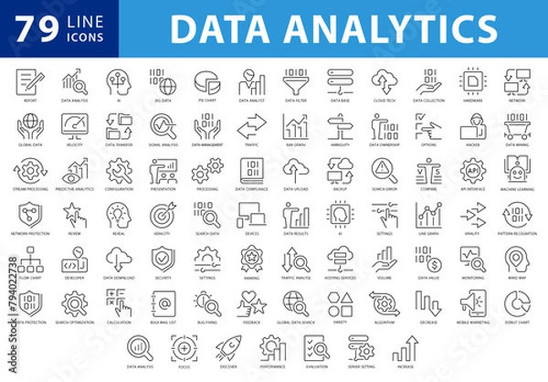 Obraz Data Analytics Black and White Outline Style Icons Set