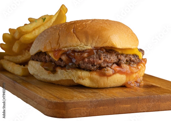 Fototapeta Pure beef patty burger served with cheese and tomato relish, French fries