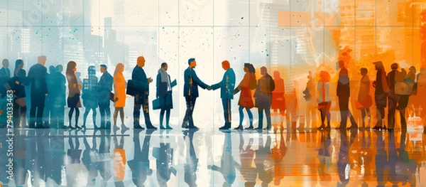 Fototapeta Business Professionals Shaking Hands at a Conference in a Vibrant Colorful Office Environment with Reflections and Silhouettes