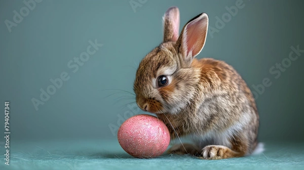 Fototapeta Endearing Bunny Nuzzling Sparkly Easter Egg on Mint Green Backdrop