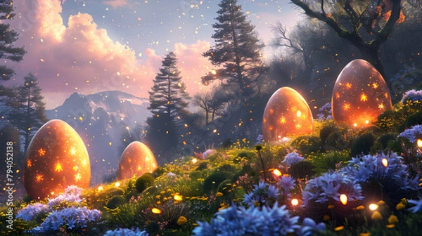 Fototapeta Glowing Easter Eggs in a Magical Illuminated Forest Landscape