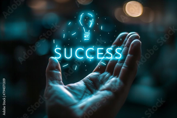 Fototapeta A hand cradles a glowing concept of 'SUCCESS' with a lightbulb symbol, representing the bright ideas and innovation that lead to successful outcomes