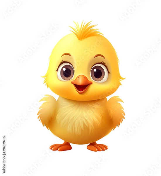 Obraz Adorable cartoon chick with big expressive eyes and a fluffy yellow body, designed in a vibrant, child-friendly style. Generative AI