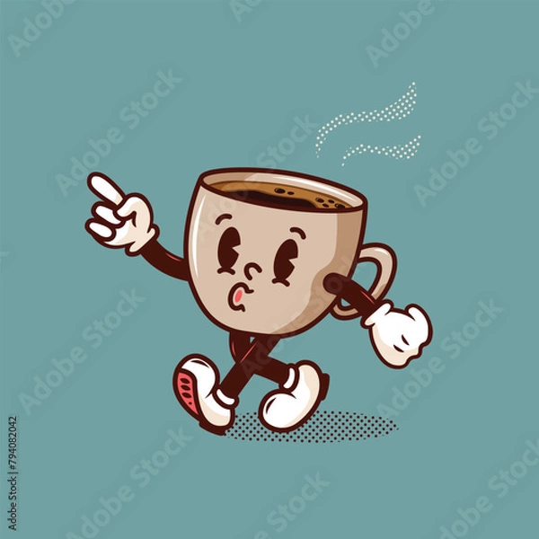 Obraz Retro cartoon coffee mug character. Groovy mascot.