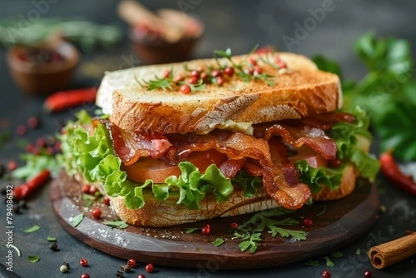 Fototapeta On the table on a wooden plate lies a sandwich of white bread with lettuce and fried bacon. spices and herbs around 