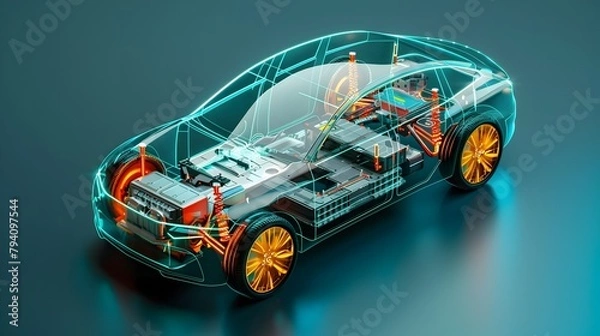 Fototapeta Isometric 3D View of a Crystal-clear Electric Car Showcasing Innovative Battery System