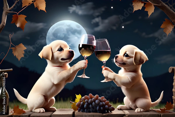 Obraz Cute puppies toasting with wine glasses under the-full moon.