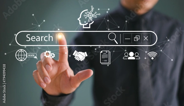 Obraz SEO Search Engine Optimization concept. Businessman touch AI, SEO icon on websites to rank search engines or SEO. Search with Ai assistant, search on screen. Artificial Intelligence data technology