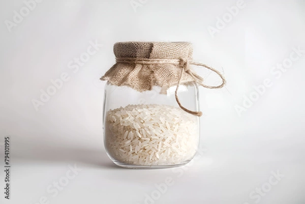 Fototapeta Rice in a plain glass jar. White background