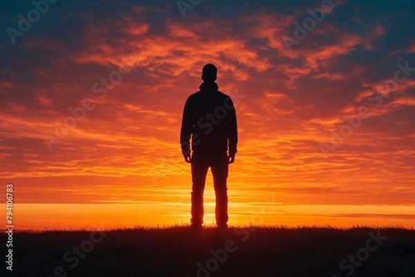 Fototapeta b'Man standing alone in a field of wheat at sunset'