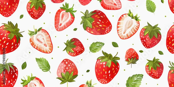 Obraz A patterned background with whole and half strawberries interspersed with green leaves and small seeds. Bright, cheerful, and fresh design.
