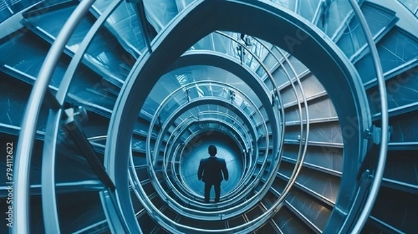 Obraz Ambitious Businessman Climbing High-Rise Building Staircase, Symbolizing Strategic Leadership