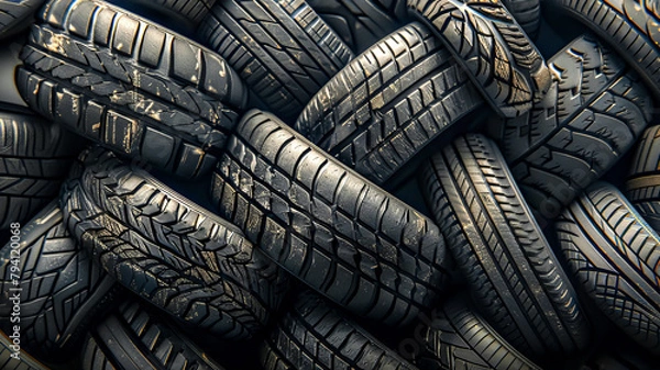 Obraz Pile of used car tires, closeup. Tires background