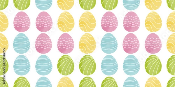 Fototapeta Cute illustration with colorful Easter eggs with watercolor texture, spring banner
