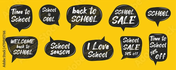 Fototapeta Set of hand drawn chalky vector speech bubbles, back to school, sale text, chatting box, talk bubble, isolated background. Flat doodle style of discount, special offer, best price