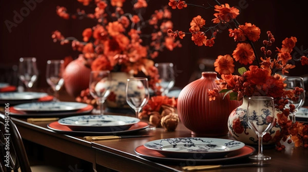 Fototapeta Chinese Lanterns Surround Exquisite Chinese Tableware Placed On A Table Covered with a Red Cloth On Background Blur