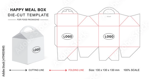 Fototapeta Happy meal box die cut template with 3D blank vector mockup for food packaging