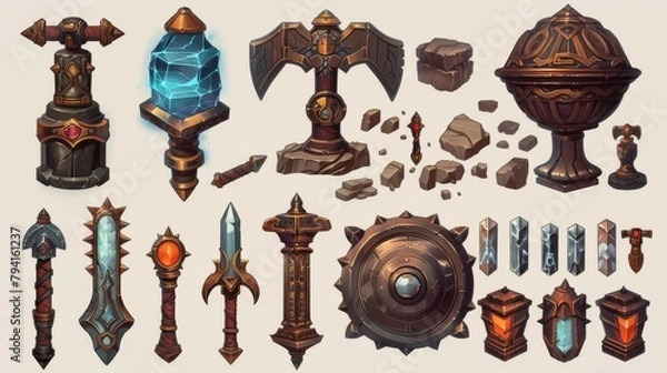 Fototapeta A set of various artifacts of 2D game objects on a light background