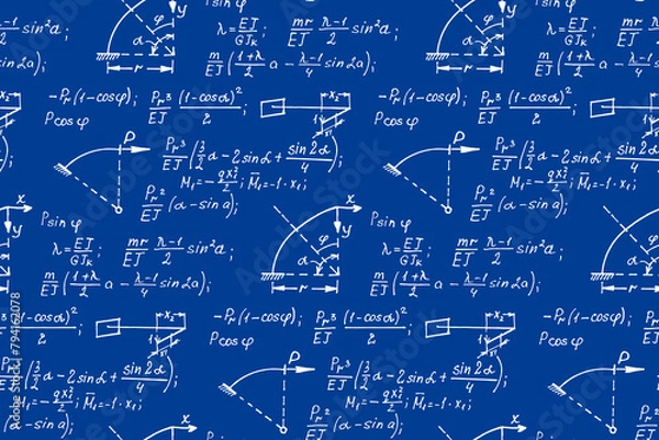 Obraz Vintage education background. Geometry law theory and mathematical formula equation on whiteboard. Vector hand-drawn illustration. Blueprint.