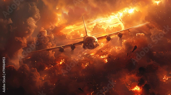 Fototapeta A large airplane is flying through a fiery sky. The scene is intense and chaotic, with the plane being the only object in focus. The rest of the image is filled with smoke and flames