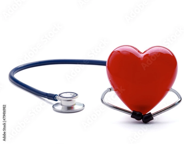 Fototapeta A heart with a stethoscope, isolated on white background