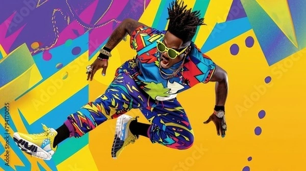 Obraz African American man with dreadlocks in a bright multi-colored tracksuit in retro 80s style