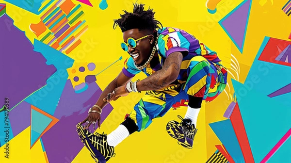 Obraz African American man with dreadlocks in a bright multi-colored tracksuit in retro 80s style