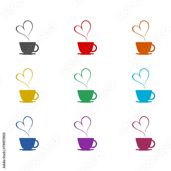Fototapeta Coffee with heart icon isolated on white background. Set icons colorful