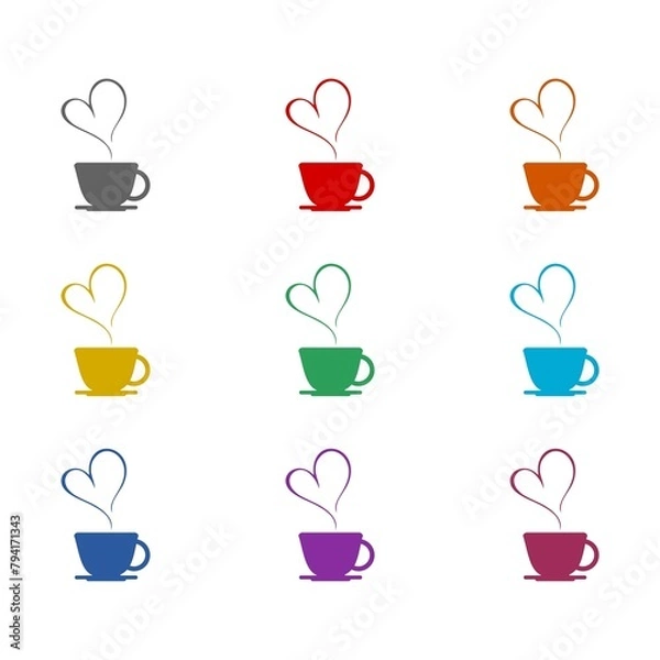Fototapeta Coffee with heart icon isolated on white background. Set icons colorful