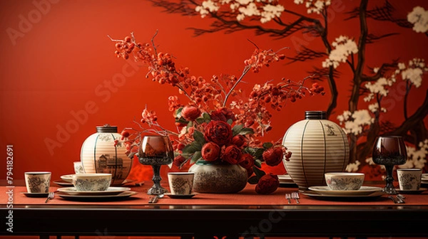 Fototapeta Chinese Lanterns Surround Exquisite Chinese Tableware Placed On A Table Covered with a Red Cloth On Background Blur