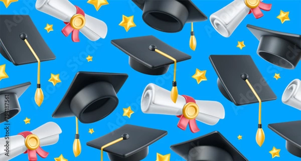 Fototapeta Vector illustration of graduate cap and diploma on blue color background. Caps thrown up pattern. 3d style design of congratulation graduates with graduation hat and diploma scroll