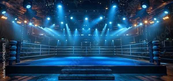 Fototapeta A boxing ring with blue lights shining on it. Scene is energetic and exciting