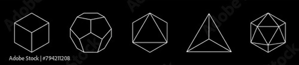 Fototapeta Set of vector linear platonic solids. Mathematical geometric shapes such as cube, tetrahedron, octahedron, dodecahedron, icosahedron. Icon, logo, button.