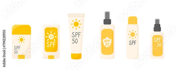 Fototapeta Sunscreen products in flat style. SPF stick, spray, cream isolated illustration. Design element.